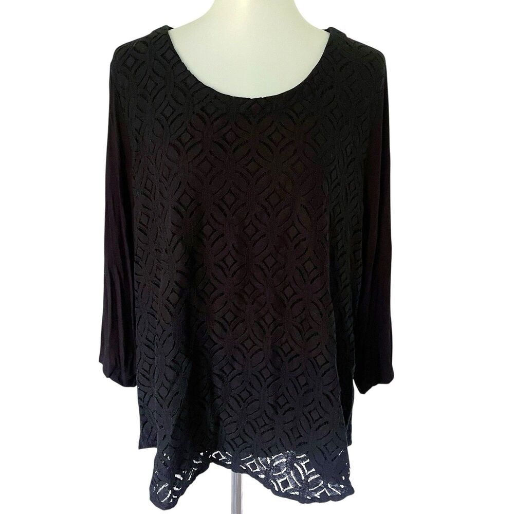 Croft & Barrow Black Lace Overlay Top Tee Shirt Tee Black Plus Size 2X Stretch